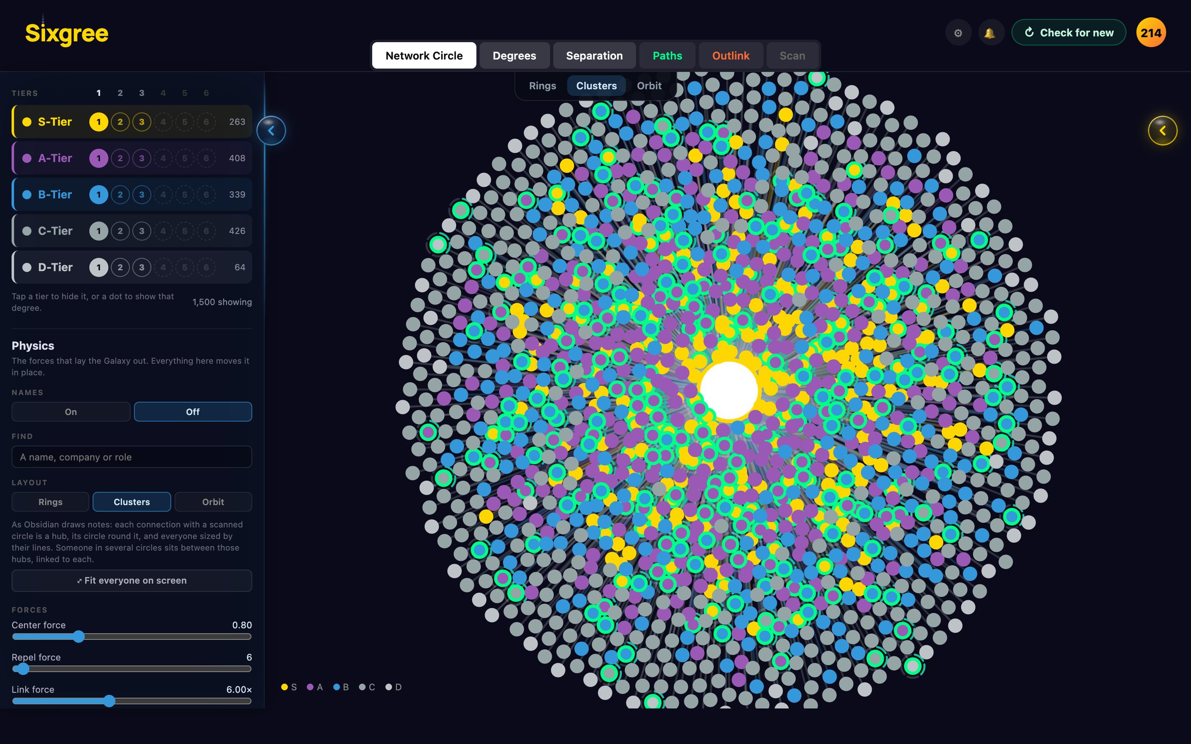 The Galaxy laid out as Clusters beside its physics controls: an invented network, every tier coloured