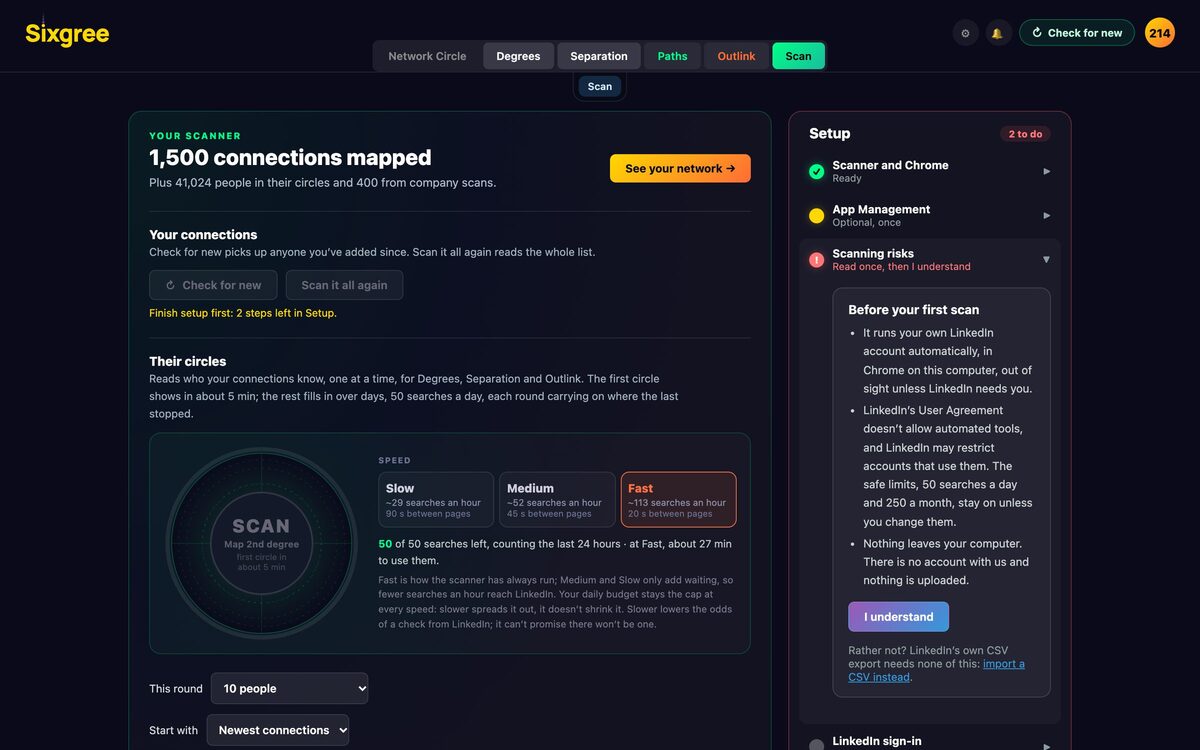 The Scan page: one Scan button, three speeds, and the setup checklist