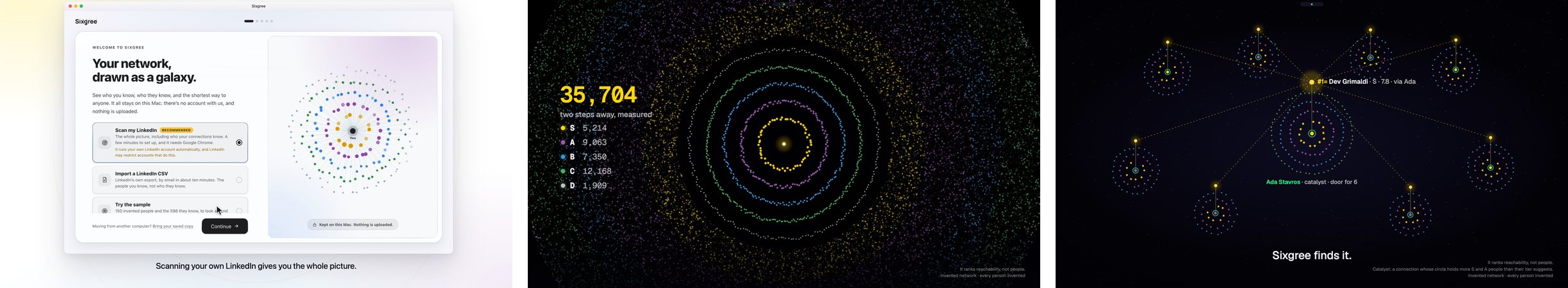 Three stills from the films: the guided setup in Daylight, 35,704 people in tier rings on a night sky, and circles with the catalyst at the centre