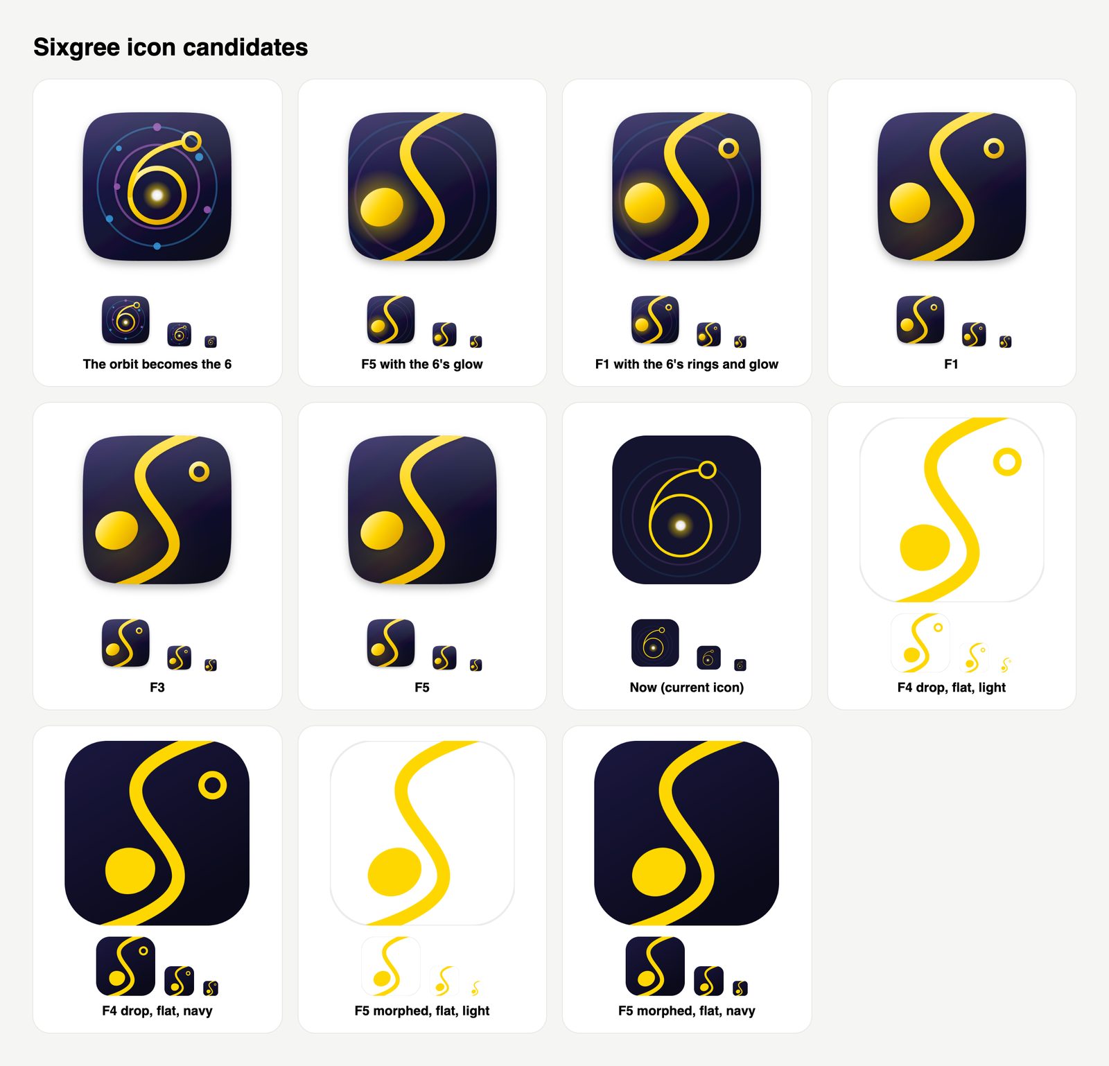 Twelve icon candidates: the orbit becoming a 6, F1, F3, F5, drops and morphs, light and navy