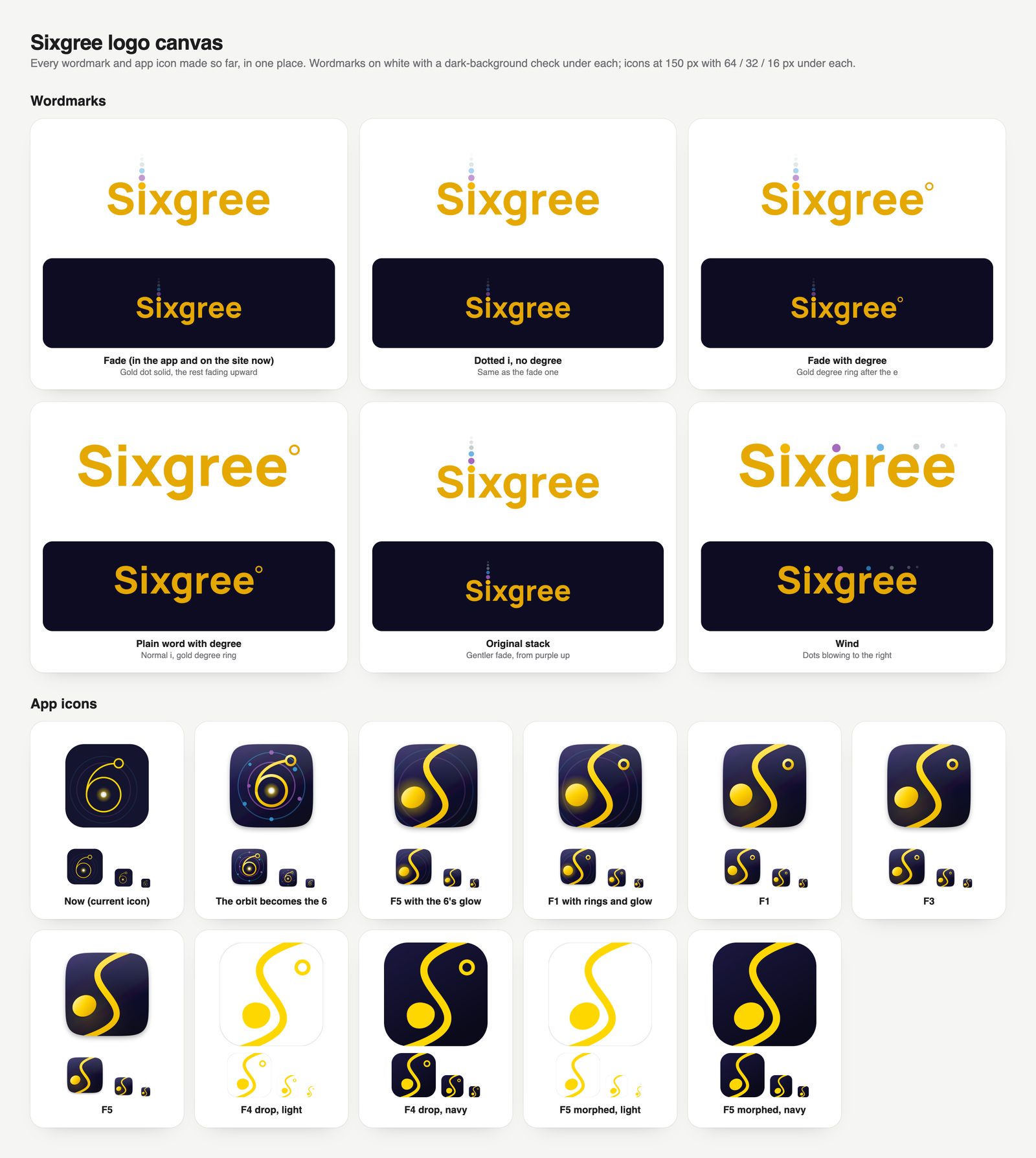 The full logo canvas: wordmarks (fade, dotted i, fade with degree, plain word with degree, original stack, wind) on white and navy, and every app icon candidate