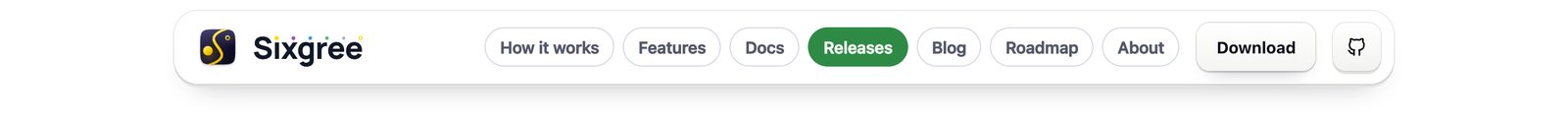 The website header: icon, wordmark, grey pill links with the current page filled green