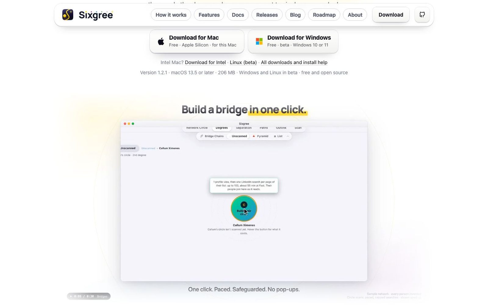 The home page's hero: the film plays in place, its edges fading into the page, with the three steps underneath