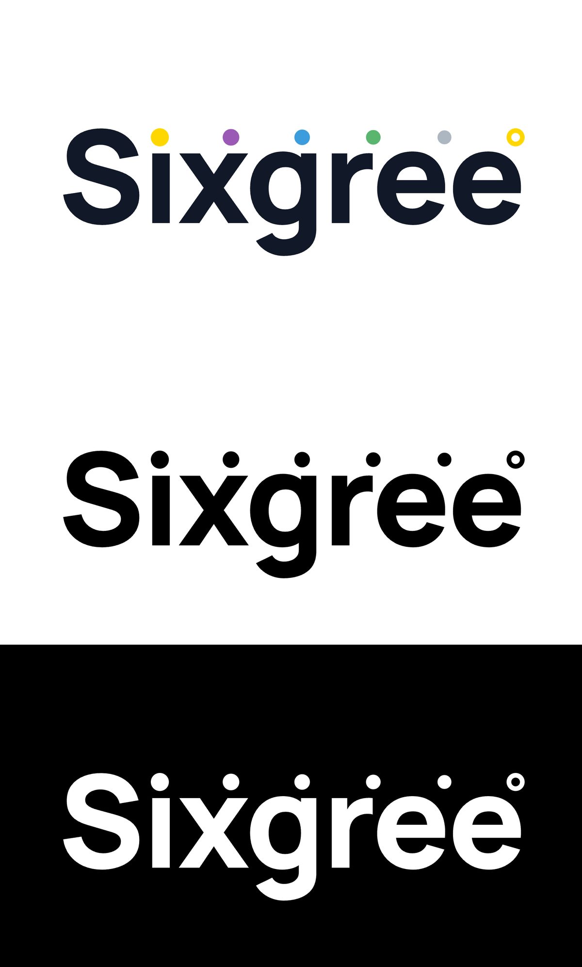 The final wordmark in colour on white, in black, and in white on black