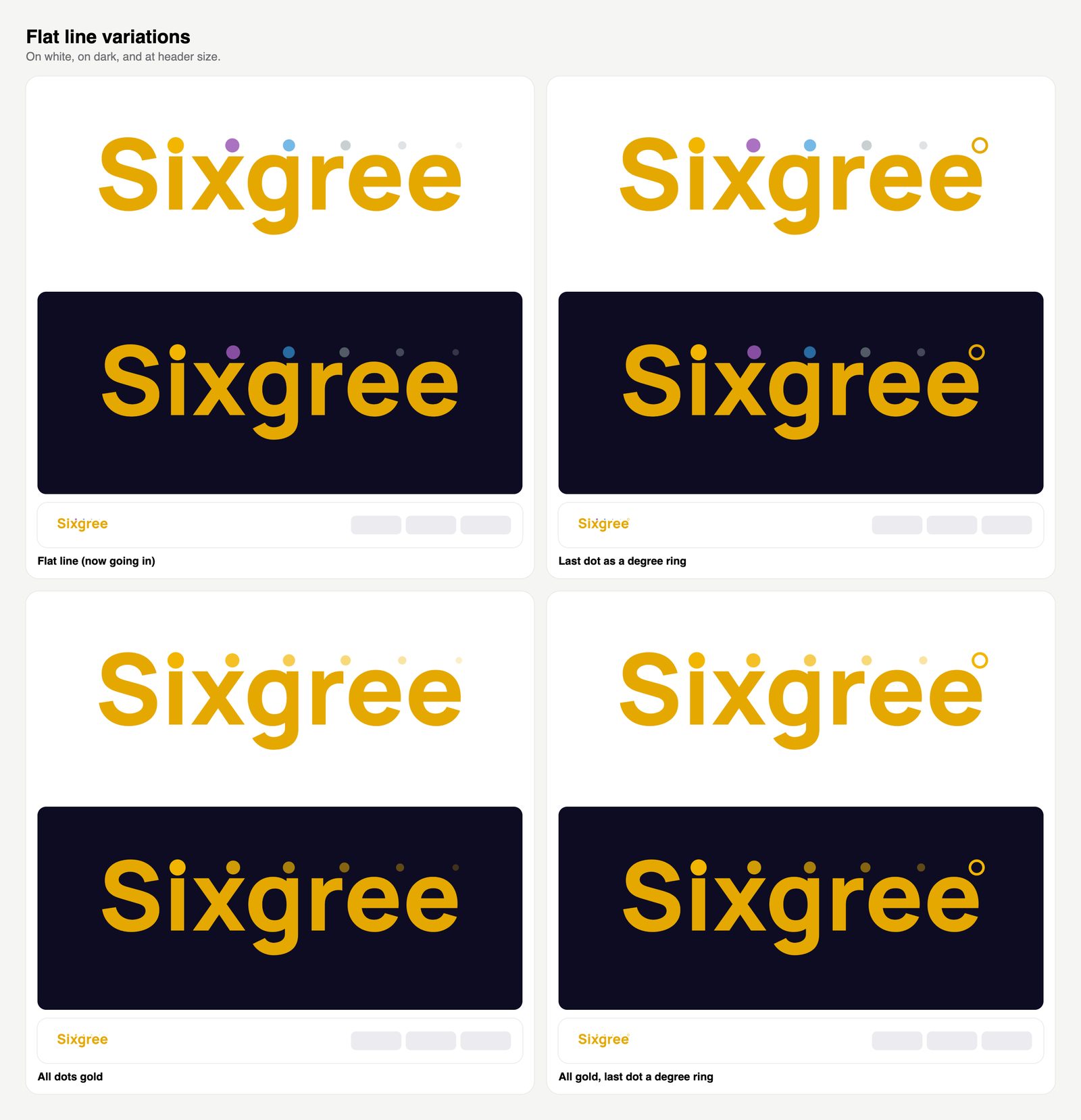 Flat line variations: tier colours, last dot a degree ring, all gold, all gold with a ring