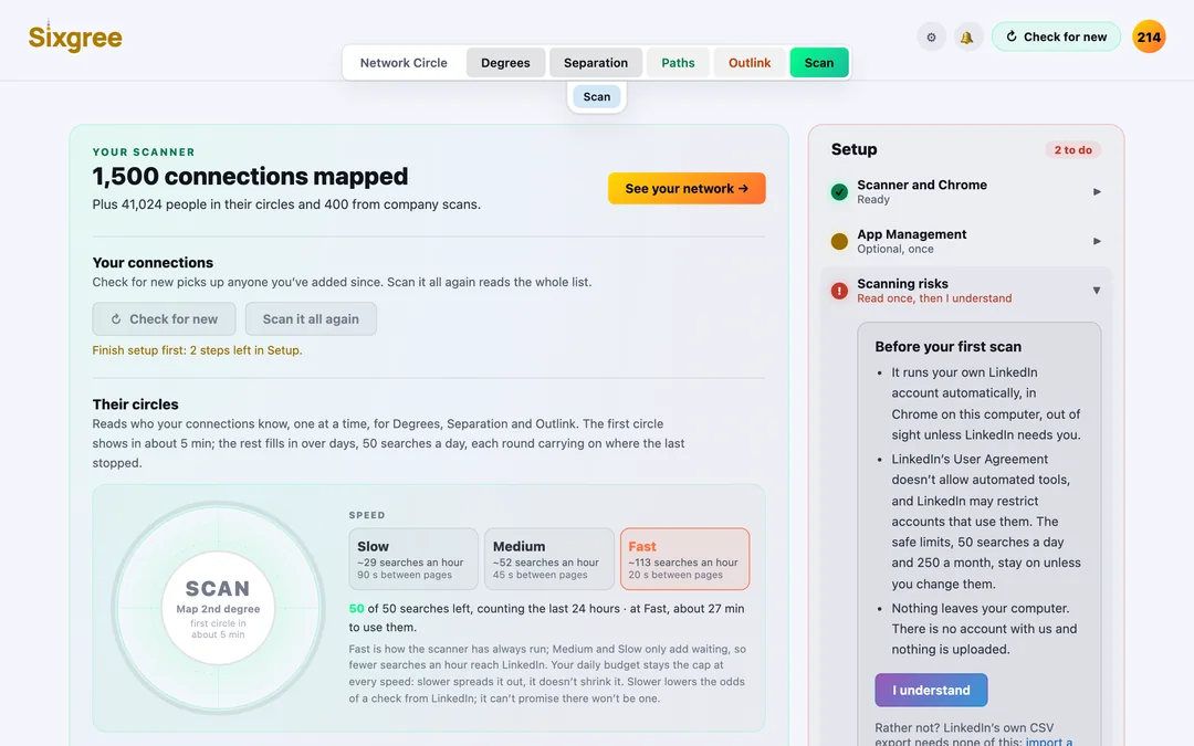 The Scan page: one Scan button, three speeds, and the setup checklist
