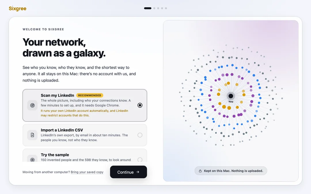 The guided setup: scan your LinkedIn, import LinkedIn's CSV, or try the sample